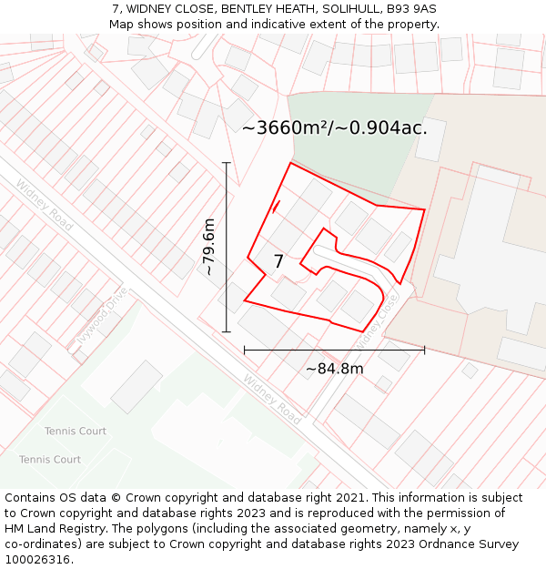7, WIDNEY CLOSE, BENTLEY HEATH, SOLIHULL, B93 9AS: Plot and title map