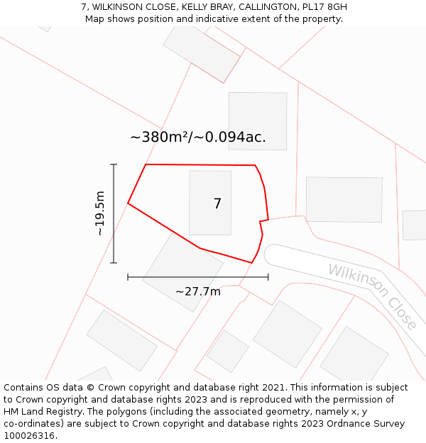 7, WILKINSON CLOSE, KELLY BRAY, CALLINGTON, PL17 8GH: Plot and title map