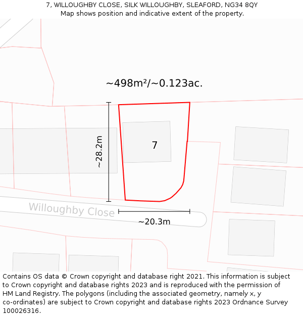 7, WILLOUGHBY CLOSE, SILK WILLOUGHBY, SLEAFORD, NG34 8QY: Plot and title map