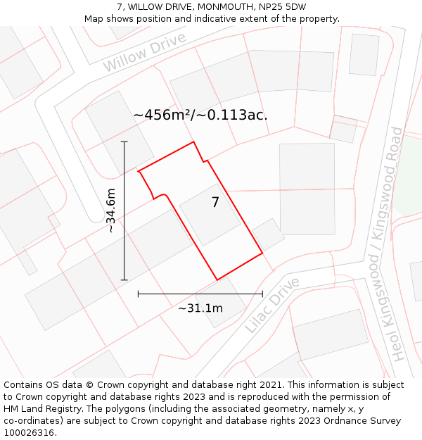 7, WILLOW DRIVE, MONMOUTH, NP25 5DW: Plot and title map