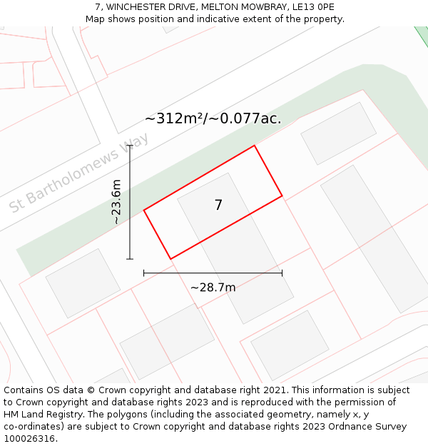 7, WINCHESTER DRIVE, MELTON MOWBRAY, LE13 0PE: Plot and title map