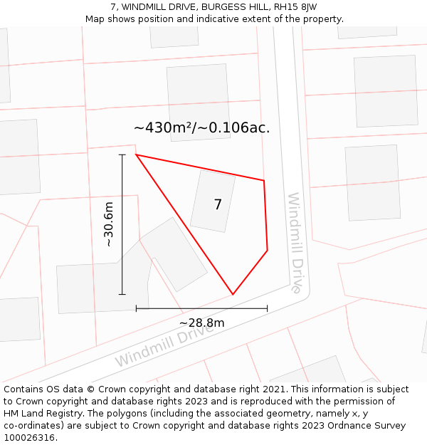 7, WINDMILL DRIVE, BURGESS HILL, RH15 8JW: Plot and title map