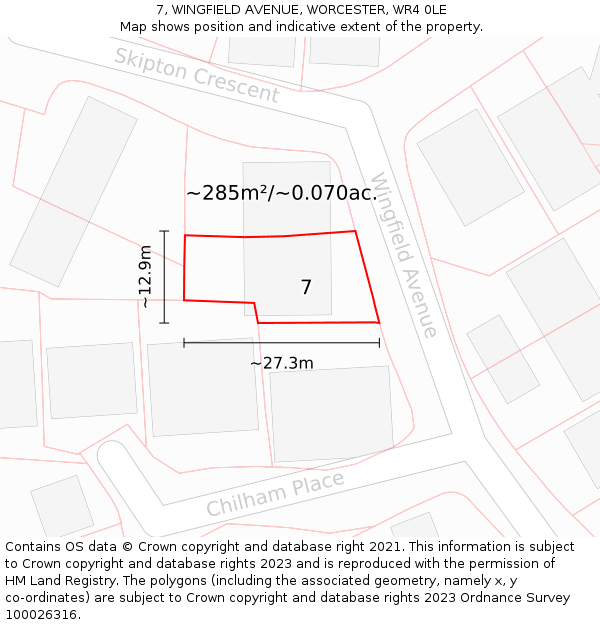 7, WINGFIELD AVENUE, WORCESTER, WR4 0LE: Plot and title map