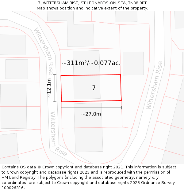 7, WITTERSHAM RISE, ST LEONARDS-ON-SEA, TN38 9PT: Plot and title map