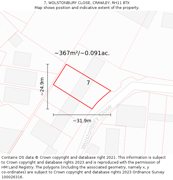 7, WOLSTONBURY CLOSE, CRAWLEY, RH11 8TX: Plot and title map