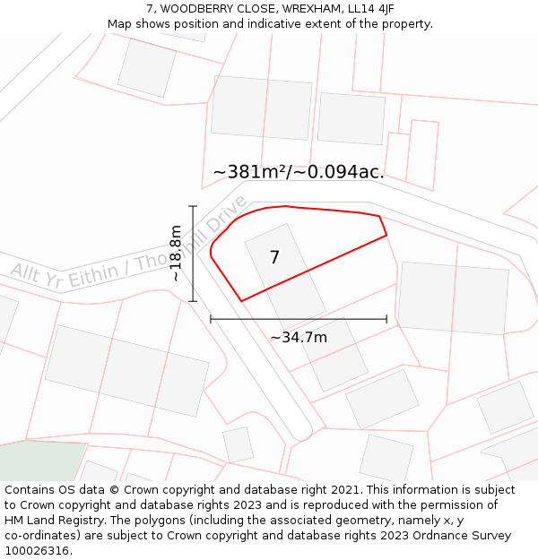 7, WOODBERRY CLOSE, WREXHAM, LL14 4JF: Plot and title map