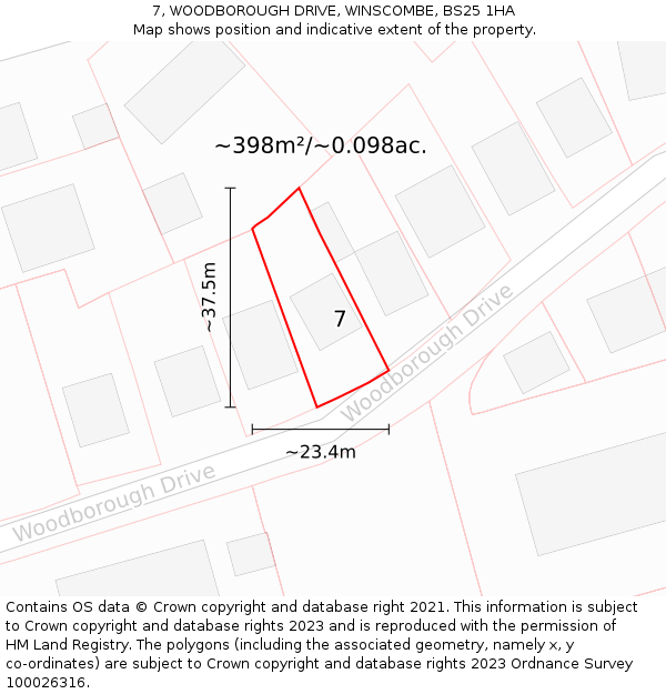 7, WOODBOROUGH DRIVE, WINSCOMBE, BS25 1HA: Plot and title map