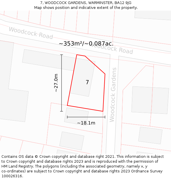 7, WOODCOCK GARDENS, WARMINSTER, BA12 9JG: Plot and title map