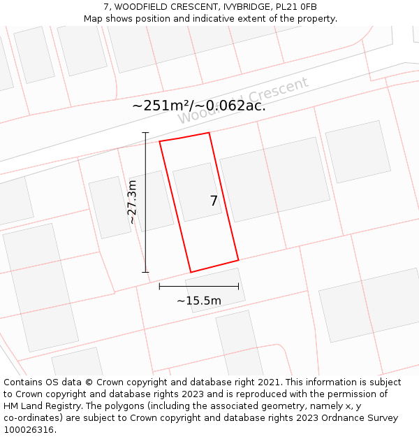 7, WOODFIELD CRESCENT, IVYBRIDGE, PL21 0FB: Plot and title map