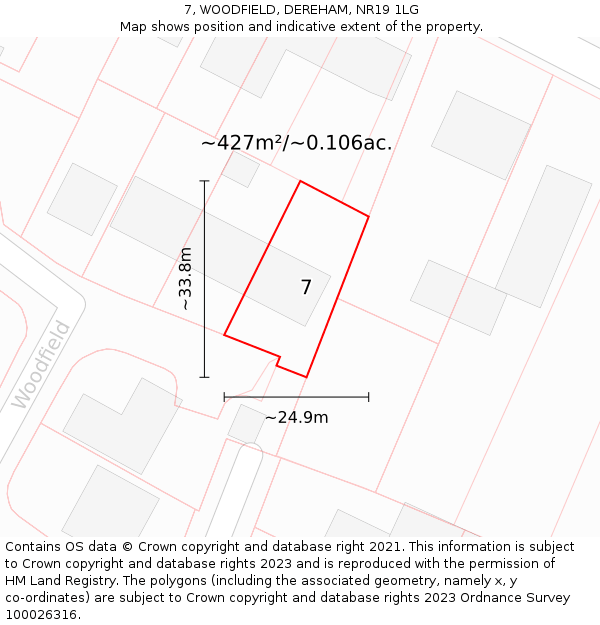 7, WOODFIELD, DEREHAM, NR19 1LG: Plot and title map