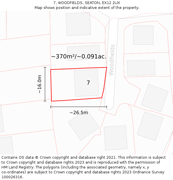 7, WOODFIELDS, SEATON, EX12 2UX: Plot and title map