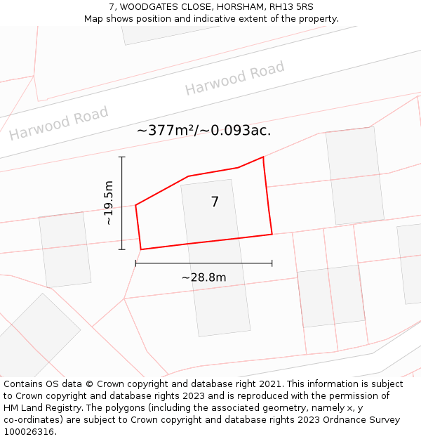 7, WOODGATES CLOSE, HORSHAM, RH13 5RS: Plot and title map