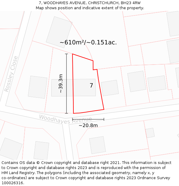 7, WOODHAYES AVENUE, CHRISTCHURCH, BH23 4RW: Plot and title map