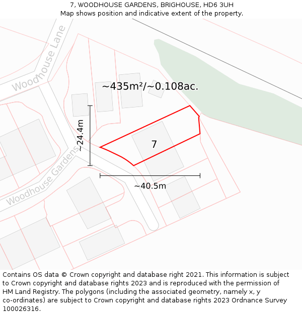 7, WOODHOUSE GARDENS, BRIGHOUSE, HD6 3UH: Plot and title map