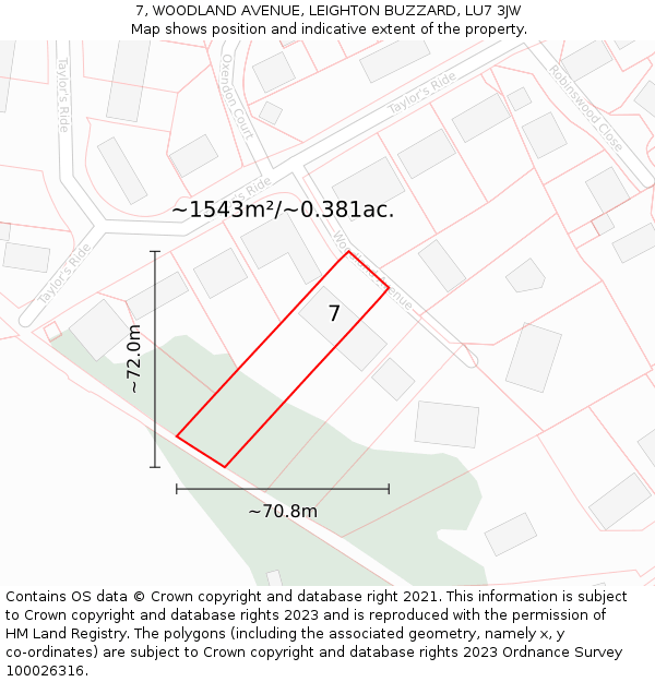 7, WOODLAND AVENUE, LEIGHTON BUZZARD, LU7 3JW: Plot and title map