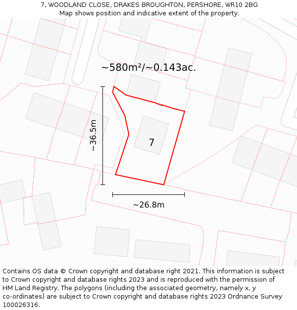 7, WOODLAND CLOSE, DRAKES BROUGHTON, PERSHORE, WR10 2BG: Plot and title map