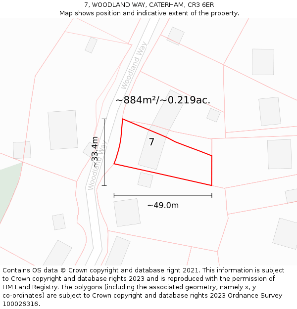 7, WOODLAND WAY, CATERHAM, CR3 6ER: Plot and title map