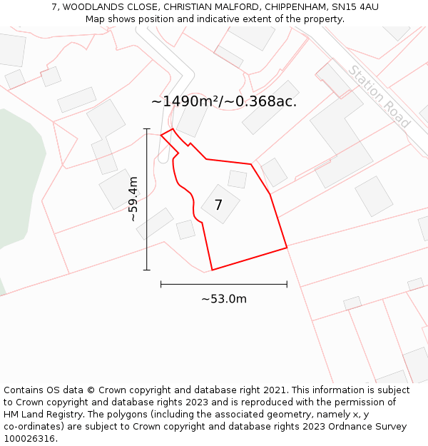 7, WOODLANDS CLOSE, CHRISTIAN MALFORD, CHIPPENHAM, SN15 4AU: Plot and title map