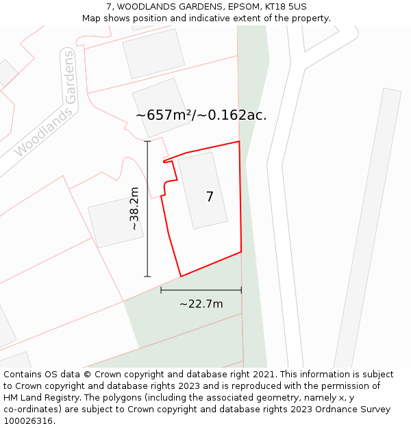 7, WOODLANDS GARDENS, EPSOM, KT18 5US: Plot and title map