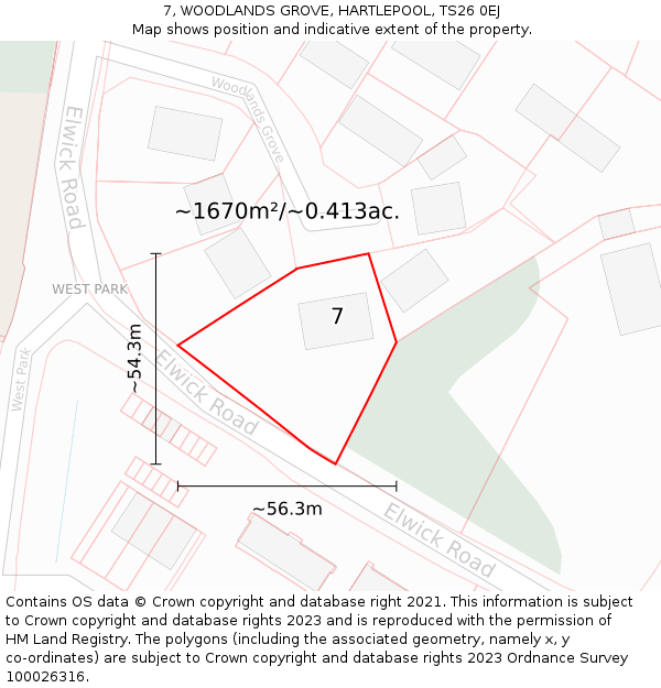 7, WOODLANDS GROVE, HARTLEPOOL, TS26 0EJ: Plot and title map