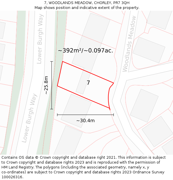 7, WOODLANDS MEADOW, CHORLEY, PR7 3QH: Plot and title map