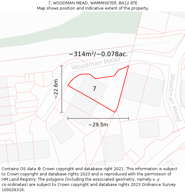 7, WOODMAN MEAD, WARMINSTER, BA12 8TE: Plot and title map