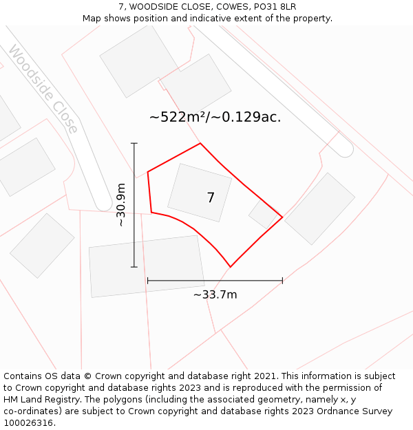 7, WOODSIDE CLOSE, COWES, PO31 8LR: Plot and title map