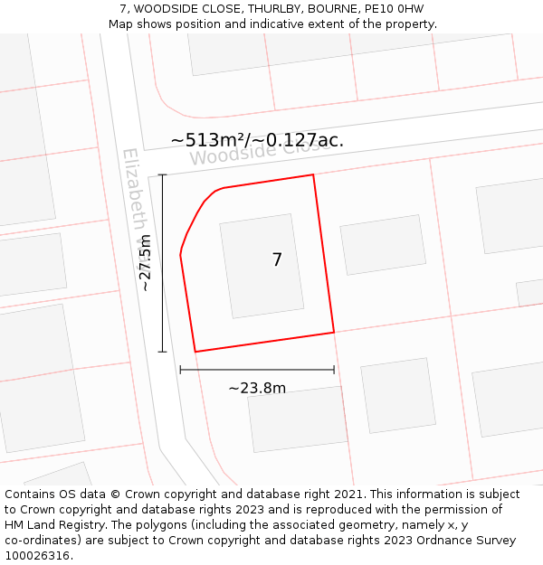 7, WOODSIDE CLOSE, THURLBY, BOURNE, PE10 0HW: Plot and title map