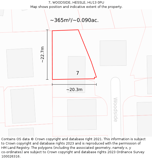 7, WOODSIDE, HESSLE, HU13 0PU: Plot and title map