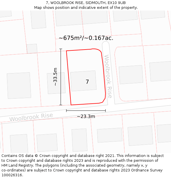 7, WOOLBROOK RISE, SIDMOUTH, EX10 9UB: Plot and title map