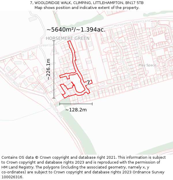 7, WOOLDRIDGE WALK, CLIMPING, LITTLEHAMPTON, BN17 5TB: Plot and title map