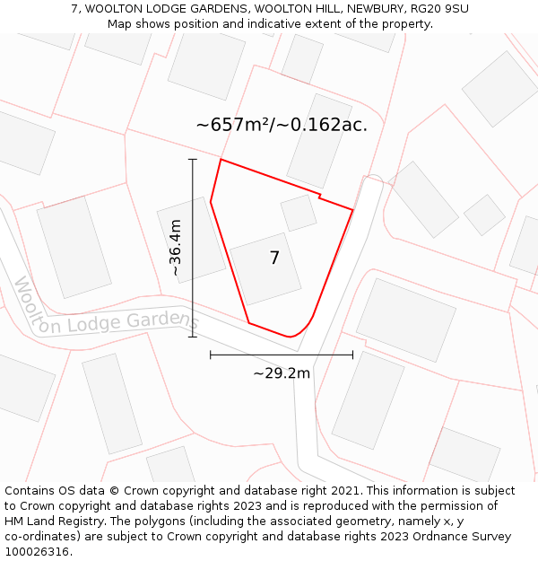 7, WOOLTON LODGE GARDENS, WOOLTON HILL, NEWBURY, RG20 9SU: Plot and title map