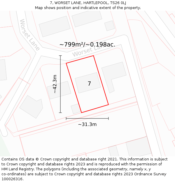 7, WORSET LANE, HARTLEPOOL, TS26 0LJ: Plot and title map