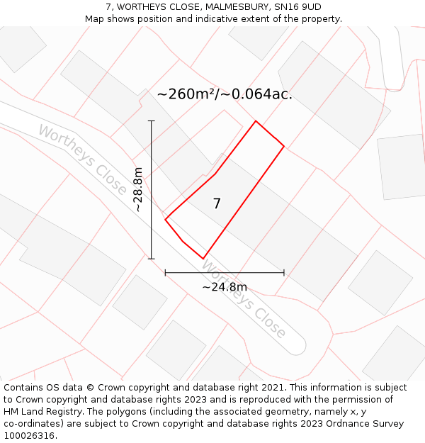 7, WORTHEYS CLOSE, MALMESBURY, SN16 9UD: Plot and title map