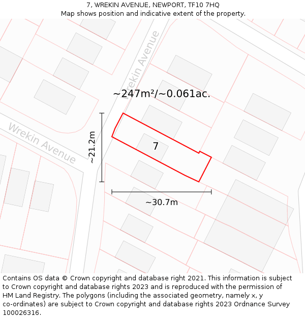 7, WREKIN AVENUE, NEWPORT, TF10 7HQ: Plot and title map