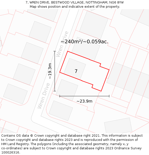 7, WREN DRIVE, BESTWOOD VILLAGE, NOTTINGHAM, NG6 8YW: Plot and title map