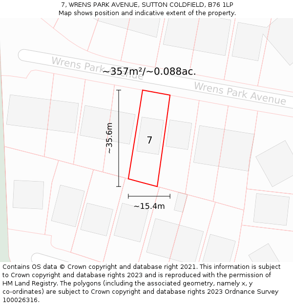 7, WRENS PARK AVENUE, SUTTON COLDFIELD, B76 1LP: Plot and title map