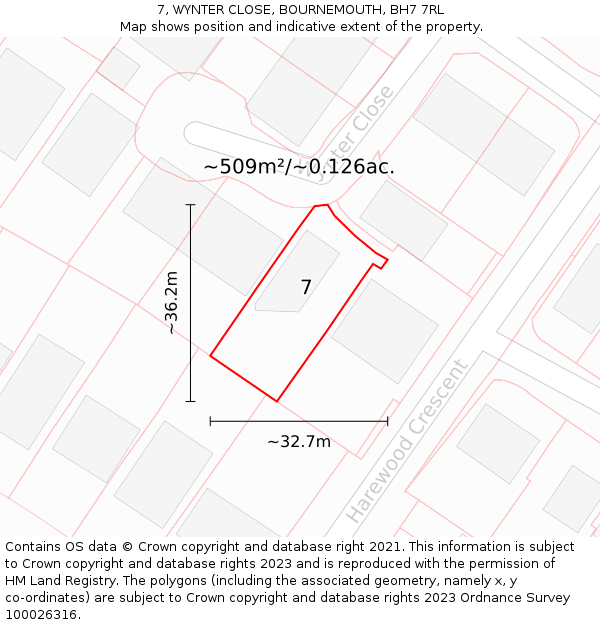 7, WYNTER CLOSE, BOURNEMOUTH, BH7 7RL: Plot and title map