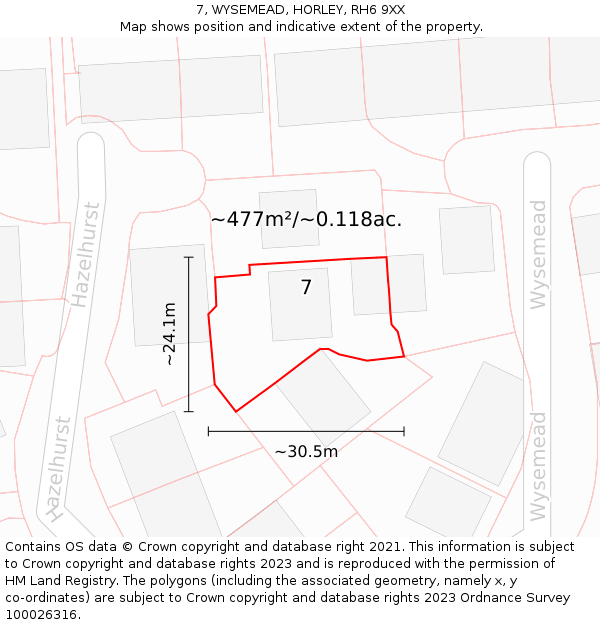 7, WYSEMEAD, HORLEY, RH6 9XX: Plot and title map