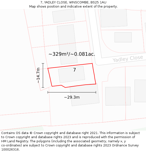 7, YADLEY CLOSE, WINSCOMBE, BS25 1AU: Plot and title map