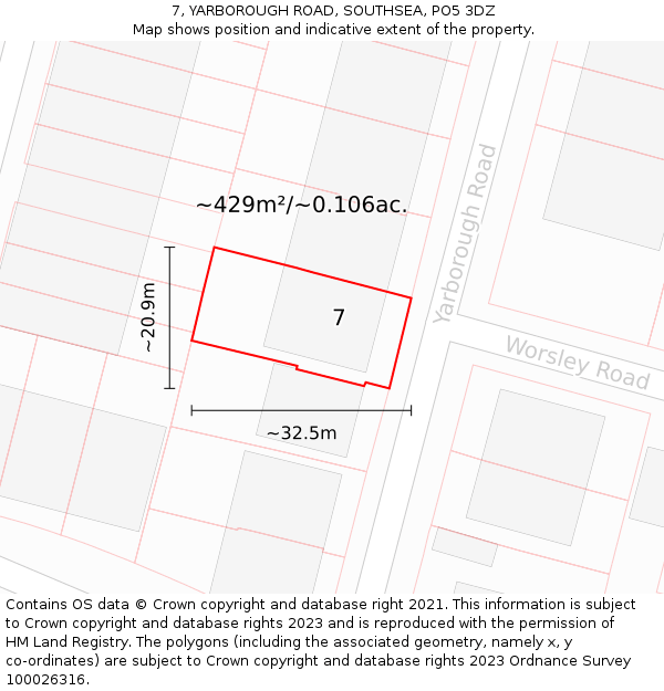 7, YARBOROUGH ROAD, SOUTHSEA, PO5 3DZ: Plot and title map