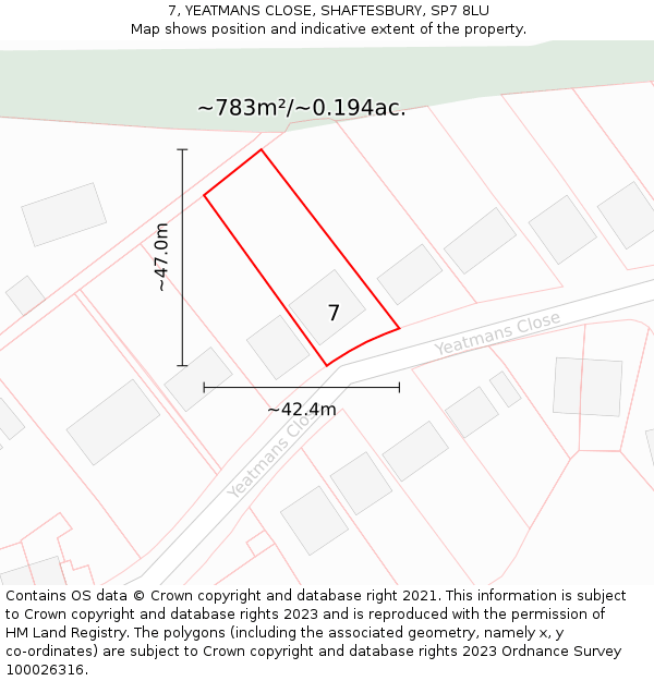 7, YEATMANS CLOSE, SHAFTESBURY, SP7 8LU: Plot and title map