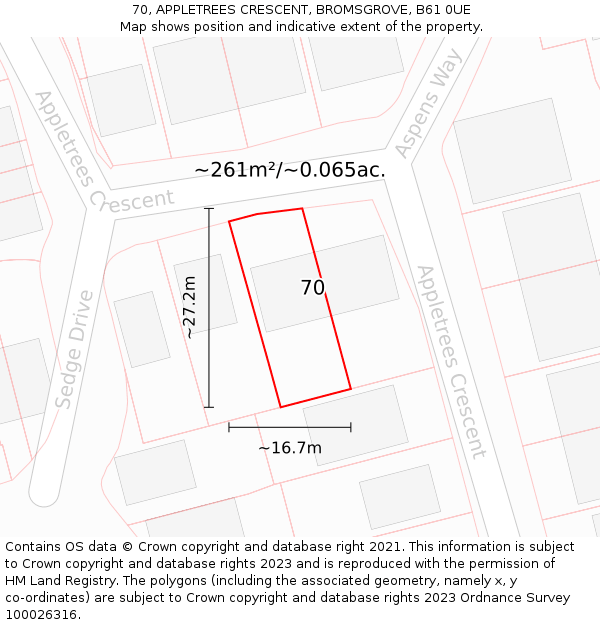 70, APPLETREES CRESCENT, BROMSGROVE, B61 0UE: Plot and title map