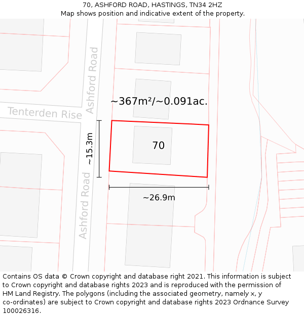 70, ASHFORD ROAD, HASTINGS, TN34 2HZ: Plot and title map