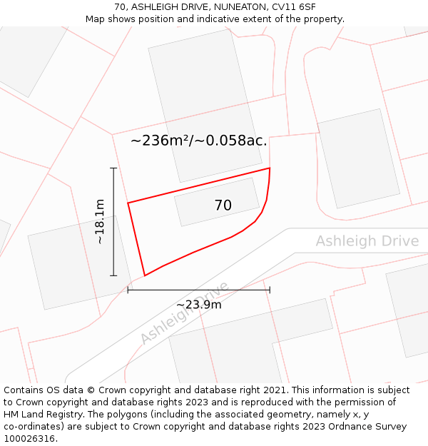 70, ASHLEIGH DRIVE, NUNEATON, CV11 6SF: Plot and title map