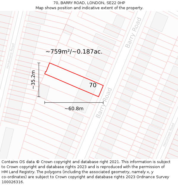 70, BARRY ROAD, LONDON, SE22 0HP: Plot and title map
