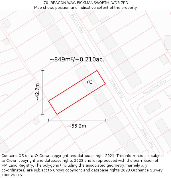 70, BEACON WAY, RICKMANSWORTH, WD3 7PD: Plot and title map