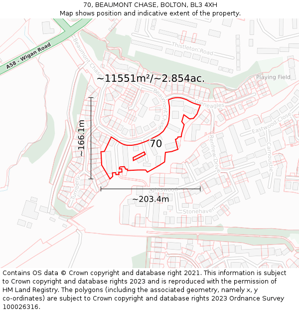 70, BEAUMONT CHASE, BOLTON, BL3 4XH: Plot and title map