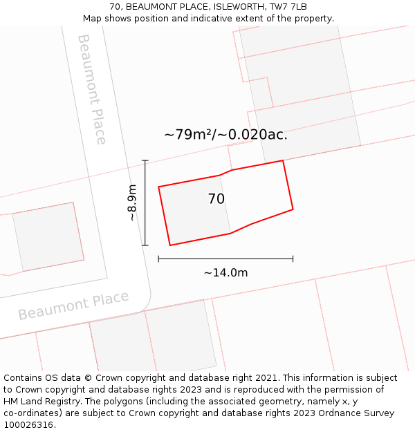 70, BEAUMONT PLACE, ISLEWORTH, TW7 7LB: Plot and title map