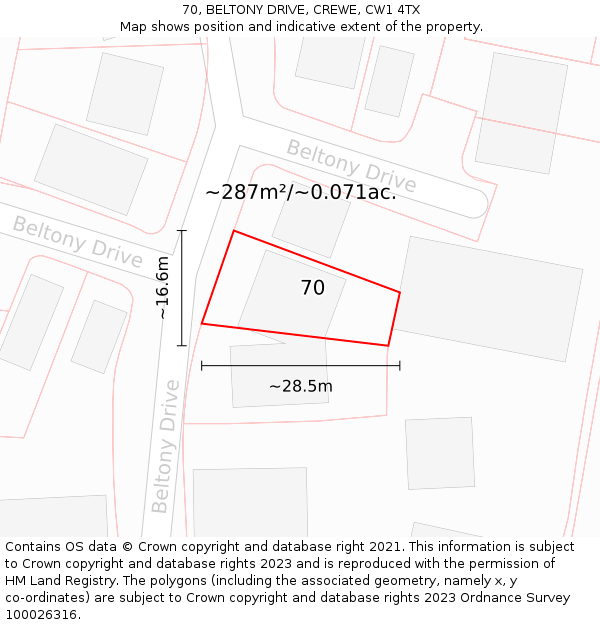 70, BELTONY DRIVE, CREWE, CW1 4TX: Plot and title map